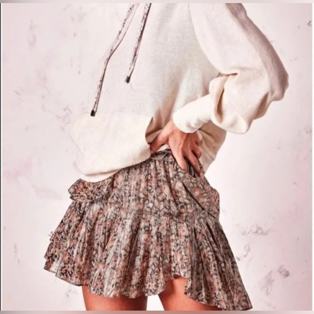 LoveShackFancy Silk Pomegranate Floral Metallic Skirt